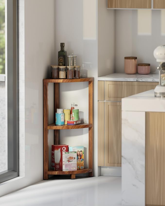BLUEWEST 3-Tier Corner Shower Caddy Stand, Wood Shower Organizer Standing with Anti-Slip Feet, Waterproof & Durable Bathroom Corner Shelf, Space-Saving Design Storage for Kitchen or Living Room - Image 2
