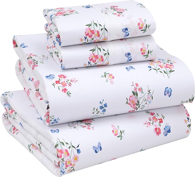 RUVANTI 100% Cotton Sheets – California King Percale Bedding, Cooling & Breathable Floral Design, Durable with a Crisp, Soft & Comfortable Feel, 14" Deep Pocket, 4-Piece Set, Funa Flora