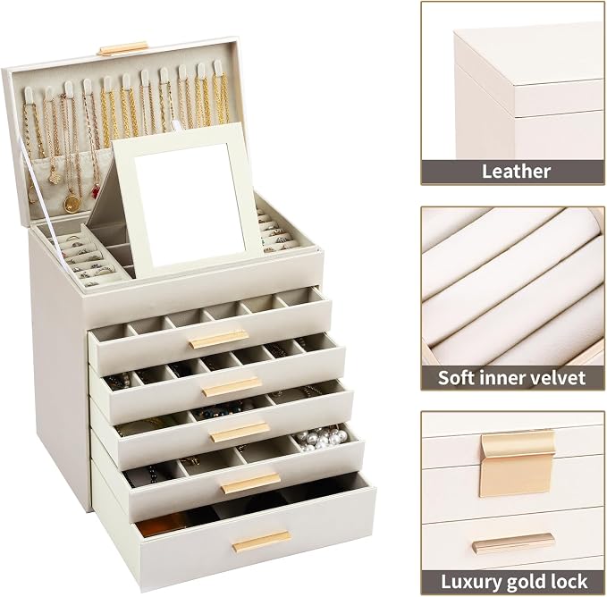 BOOVO Jewelry Boxes for Women, White and Black 6 Layer Large Jewelry Box for Necklace, Bracelet, Earrings, Rings Storage, Jewelry holder Organizer for Girls Gift (Champagne, 6 layer) - Image 2
