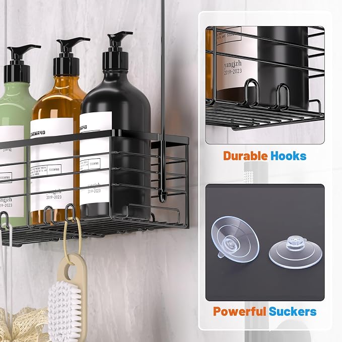 YUOROS Hanging Shower Caddy, Over the Door Shower Organizer Rack 304 Stainless Steel Rustproof Bathroom Storage Shampoo Holder Basket (Black) - Image 3