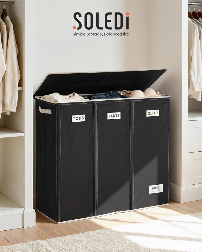 SOLEDI 200L 3-Section Laundry Hamper with Lid, Extra Large Dirty Clothes Basket with Sturdy Handles for Laundry Room & Bedroom - Durable Organizer for Sorting Laundry - Image 7