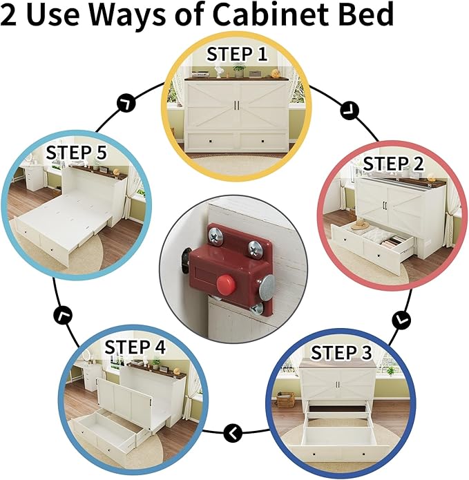 LUXOAK Murphy Bed with Charging Station, Queen Size Cabinet Bed with Large Storage Drawer for Home Office or Small Room, Hideaway Foldable Platform Bed, White