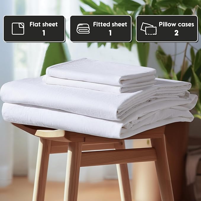 SONORO KATE 100% French Pure Linen Sheets, Breathable and Durable Linen Queen Size Sheets, Anti-Tear Linen Bed Sheets, Machine Washable, 16 Inch Deep Pocket - 4 Piece (White, Queen)