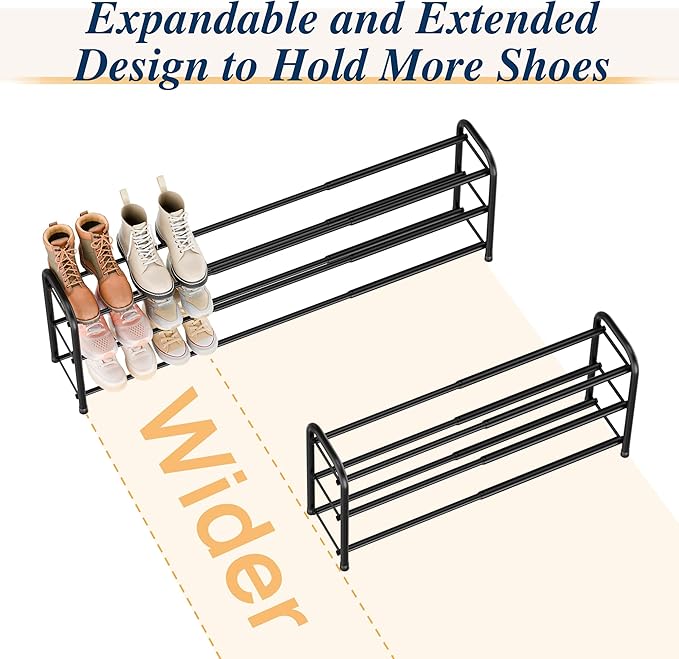 ENJOYBASICS 3 Tier Expandable Shoe Rack for Closet, Free Standing Metal Shoe Shelf Storage Organizer Holder 18 Pairs, Adjustable Width Shoe Rack for Entryway Small Space, Black - Image 5