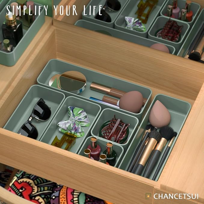 CHANCETSUI 6 PCS Stackable Drawer Organizers Set, Versatile Desk and Vanity Drawer Organizer Trays, Storage Bins for Makeup, Bathroom, Bedroom, Kitchen and Office, Green - Image 3