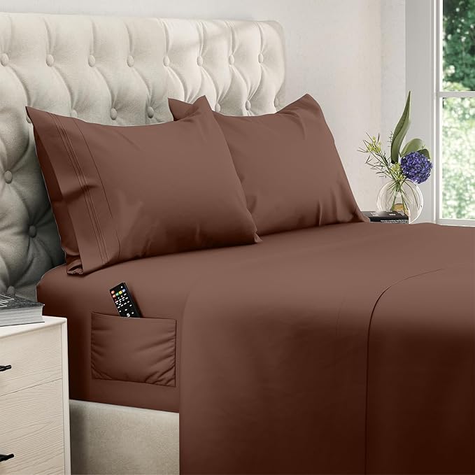 DREAMCARE Twin XL Sheet Sets - 4 pcs Breathable Cooling Bed Sheets - up to 15" Deep Pocket Twin XL Sheets Set with Side Pockets - Extra Soft 100% Brushed Hypoallergenic Hotel Luxury Bedding MochaBrown