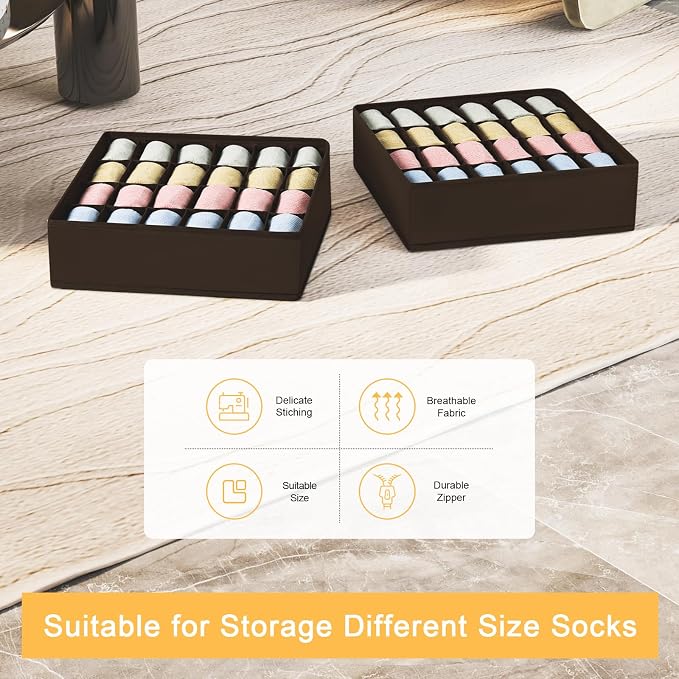 Joyoldelf Sock Organizer Drawer Organizer - 2 Packs Underwear Organizer, 24 Cells Collapsible Closet Organizers and Storage Sock Holders Organizers for Storing Socks, Ties, Belts (Brown), LF001Brown - Image 6