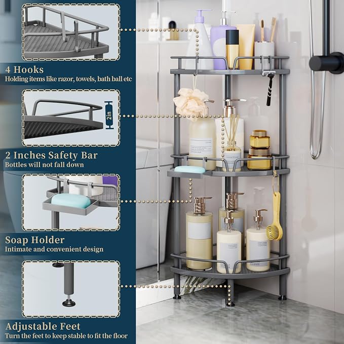 Consumest Corner Shower Caddy Stand - 3 Tier Shower Organizer with Soap Holder, Tall Floor Corner Shelf Standing with Adjustable Feet & 4 Hooks, Storage Rack for Bathroom Grey - Image 4