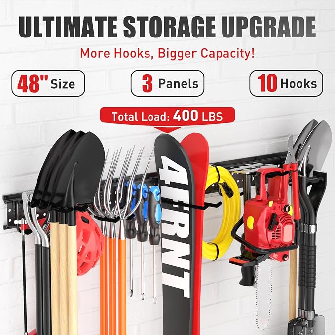 Garage Tool Organizer Wall Mount 48 inches with 10 Adjustable Heavy-Duty Hooks, Garage Organization, Garden Tool Storage Rack, Yard, and Shed, Holds Up to 400 lbs - Image 2