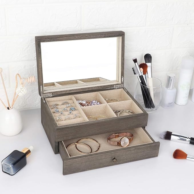 Meangood Jewelry Box Organizer for Women, 2 Layer Large Jewelry Storage Case, Rustic Wooden Jewelry Box with Mirror & Ring Tray for Necklace Earring Bracelets Rings, Vintage Style (Weathered Grey) - Image 5