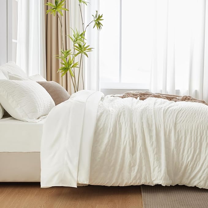 CozyLux Queen Comforter Set Ivory Seersucker 7 Pieces Bed in a Bag Queen Comforter Set with Sheets, Luxury Soft Bedding Sets with Down Alternative Comforter, Sheets, Pillowcases & Shams for All Season