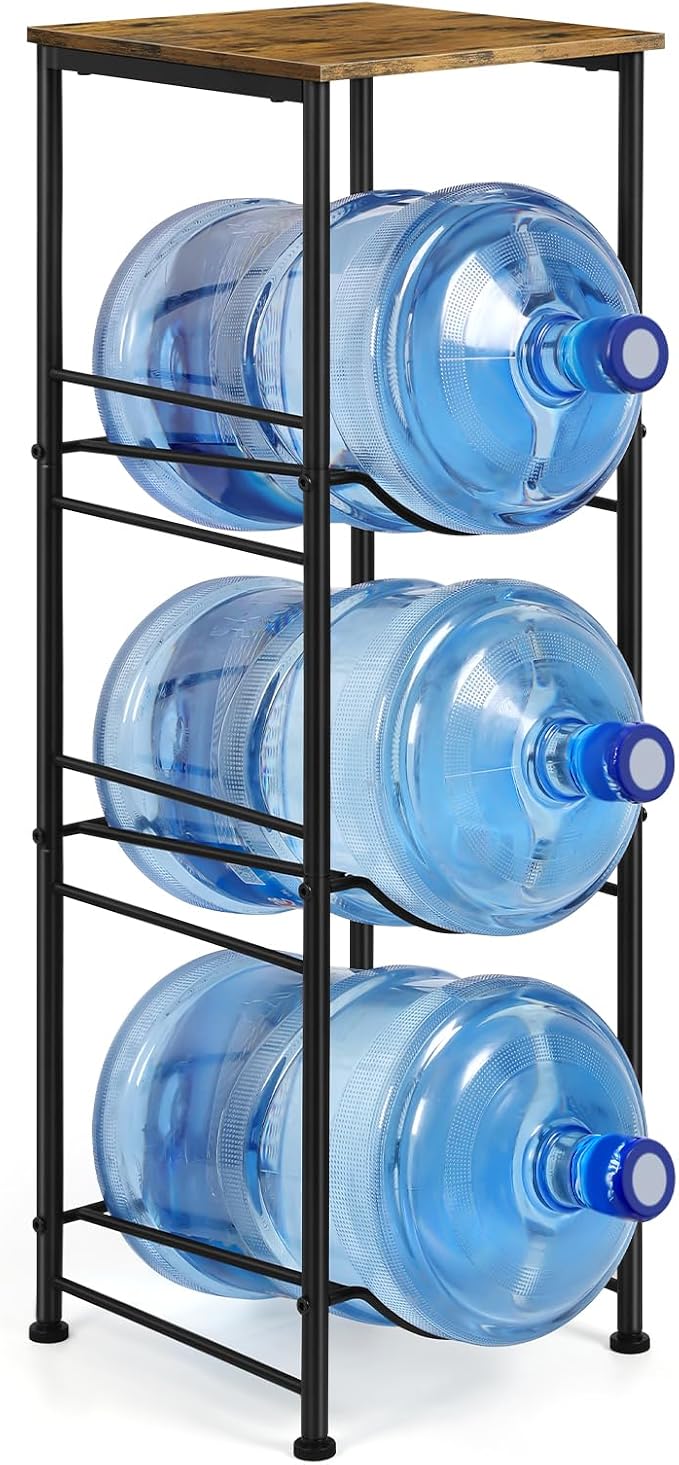 OYEAL 5 Gallon Water Bottle Jug Holder 3-Tier Water Bottle Holder Organizer with Top Shelf, Heavy Duty Water Dispenser Stand Rack for Kitchen Living Room Office, Rustic Brown by OYEAL