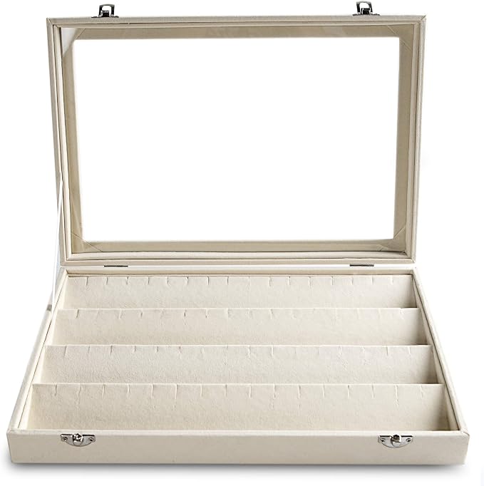 Frebeauty Earring Organizer Tray with Clear Lid 64 Slots Velvet Drawer Insert Earring Storage box with Transparent Glass lid Jewelry Display Case Store Showcase Gifts for Women(Beige, Earrings) - Image 6