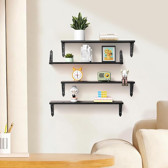 ROMGUAR CRAFT Wood Floating Shelves Set of 4, Rustic Storage Decor Wall Shelves, Wall Mounted Shelf for Living Room, Bedroom 23.6" x 6", Black - Image 5