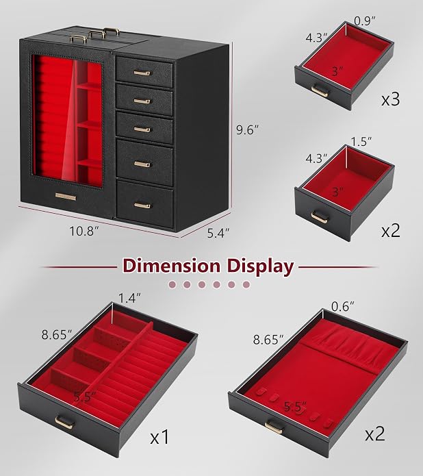 Homde Large Jewelry Box/Organizer/Case with Glass Window, Drawers for Necklaces Earrings Rings Bracelets Watches Gift for Women Girls - Image 6