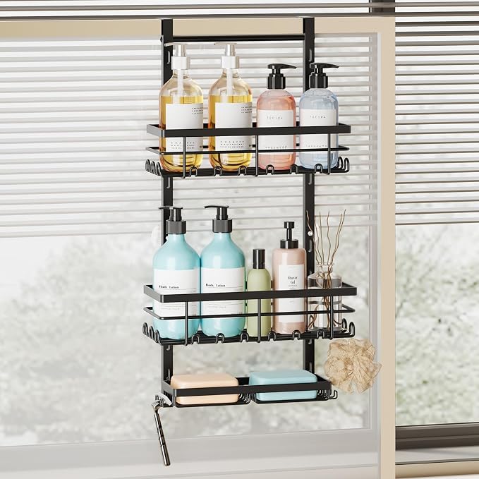 SWTYMIKI Over The Door Shower Caddy - 3 Tier Rustproof Hanging Shower Organizer with Adjustable Shelves, 28 Hooks & Soap Holder, Hanging Shower Rack Storage for Bathroom Accessories, Black by SwtyMiki-TidyHomeSweetLife