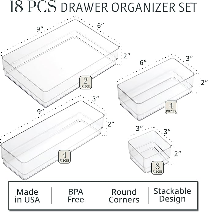 STORi SimpleSort 18-Piece Stackable Clear Drawer Organizer Set | Multi-size Trays | Makeup Vanity Storage Bins and Office Desk Drawer Dividers | Made in USA - Image 2