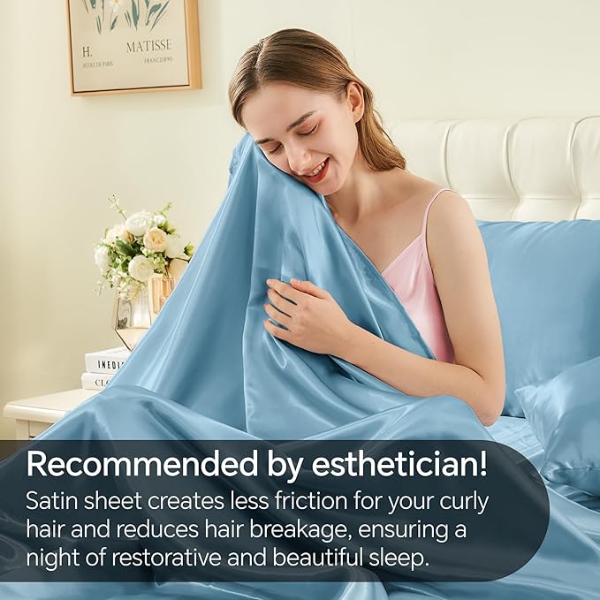 BEDELITE King Size Sheets Set, Luxury Soft Airy Blue Satin Sheets for Hair and Skin, Similar to Silk Bed Sheets Set 4 Pieces with 1 Deep Pocket Fitted Sheet, 1 Flat Sheet, and 2 Pillowcases