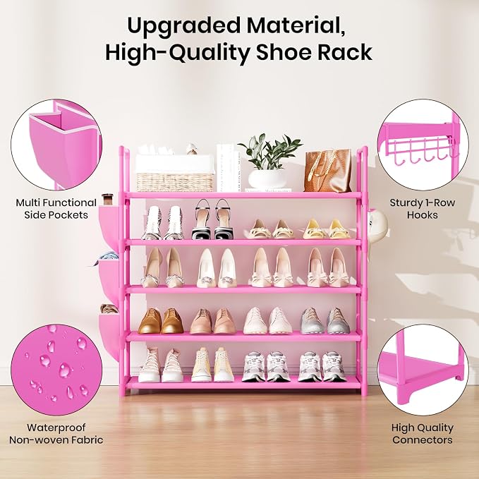 VILICK Shoe Rack for Closet Shoe Organizer Space Saver Storage for 20-25 Pair Shoe Shelf with Hook and Side Pocket Free Standing 5 Tier Shoe Rack Organizer for Entryway,Small Spaces, Pink - Image 4