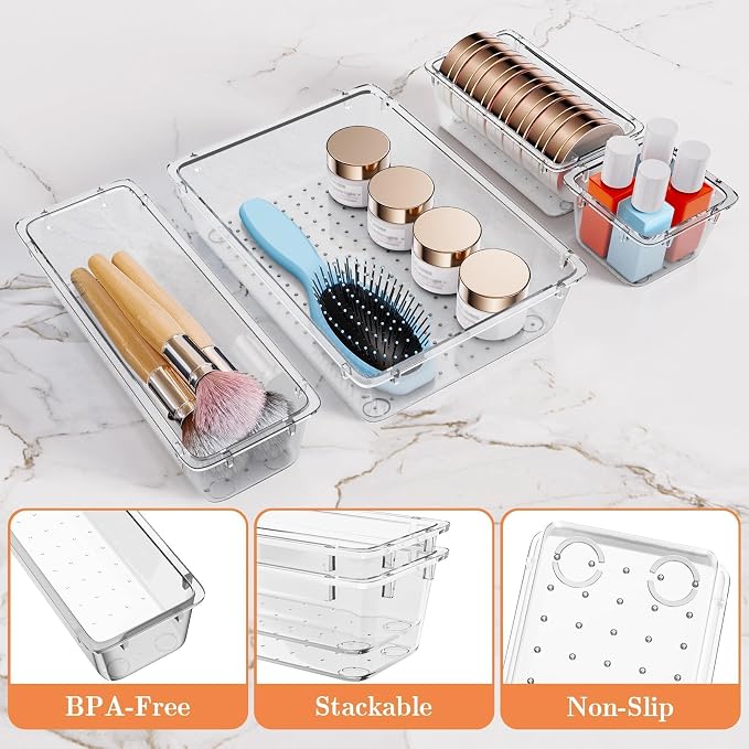 SpaceHacks 25 PCS Plastic Drawer Organizer Set, 4-Size Versatile Organizer Trays & Storage Bins for Makeup, Jewelry, and Gadgets in Bathroom, Bedroom and Office,Clear White - Image 3