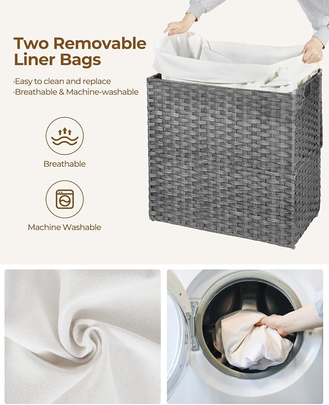Greenstell Laundry Hamper with Lid, 125L Laundry Basket with 2 Removable Liner Bags & 2 Mesh Bags, Handwoven Synthetic Rattan Clothes Hamper for Clothes, Toys in Bathroom, Bedroom, Foldable, Grey - Image 4