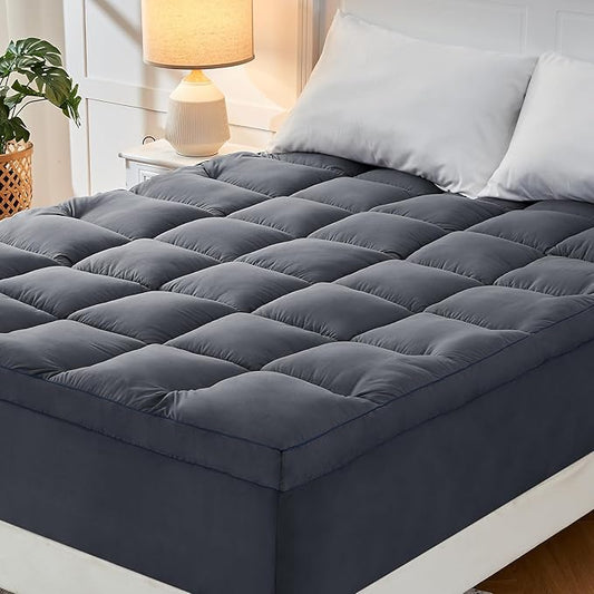 CYMULA Short Queen Mattress Pad, Cooling Bed Topper, Thick Pillow Top, Grey Plush Down Alternative Fill