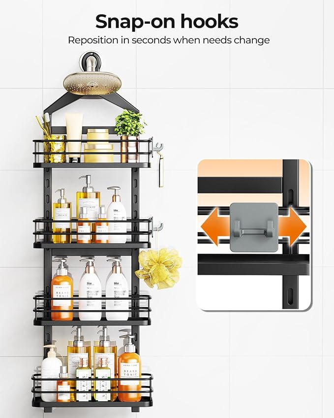 ODesign 4 Tier Height-Adjustable Shower Caddy Hanging Anti-Swing-Over The Shower Head Caddy-Sho wer Storage Organizer Bathroom Shelves Basket Caddies-Black - Image 8