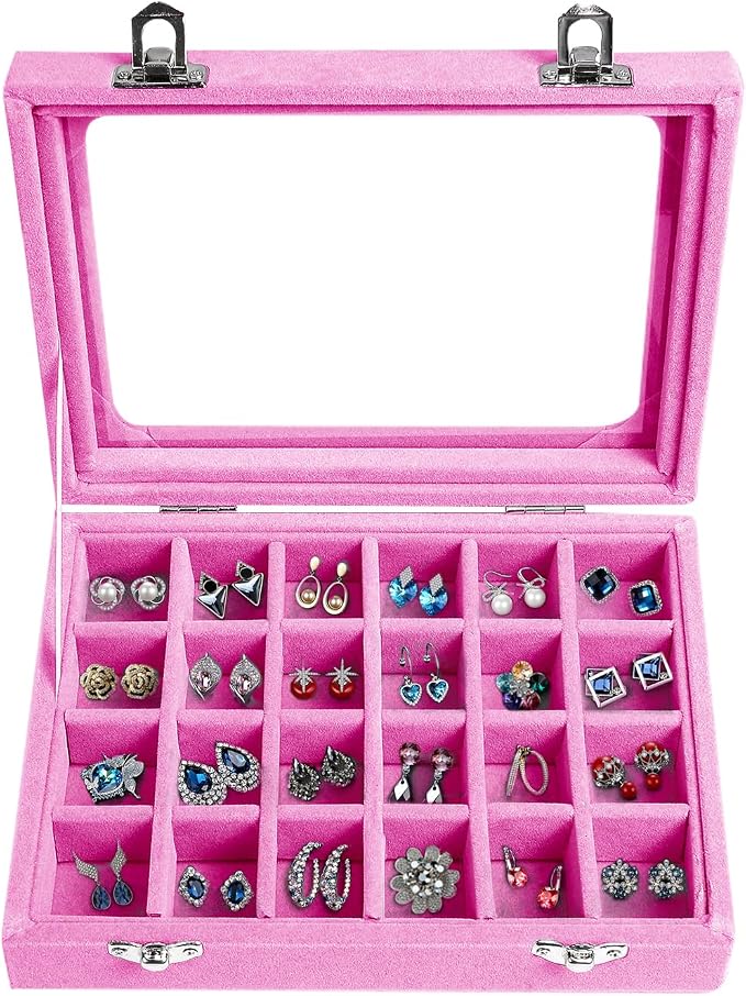 Velvet Jewelry Box 24 Grid Jewelry Earrings Display Organiser Box Ring Tray Holder Earrings Storage Case for Girls Wife Mom Women (Light Pink) by EONGOA