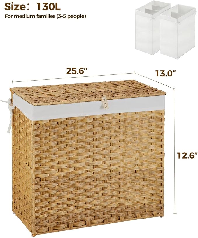 Greenstell Laundry Hamper with Wheels&Lid, 130L Large 3 Sections Clothes Hamper with 2 Types Removable Liner Bags, 5 Mesh Laundry Bags, Handwoven Divided Laundry Basket for Clothes, Natural - Image 5
