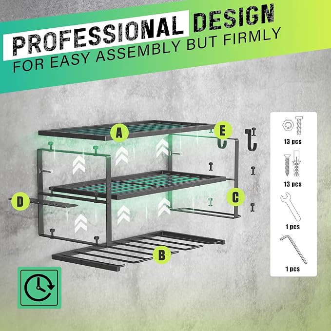 SUNALLY Power Tool Organizer, Heavy Duty Iron, 3 Layers Storage Rack with 4 Drill Holders, Floating Tool Shelf Wall Mounted, Matte Black, Work Shop, Garage, 150Lbs Load Capacity - Image 4