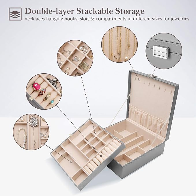 ProCase Jewelry Box for Women, 2 Layers Large Leather Jewelry Organizer Storage Case with Removable Pad for Earrings -Grey - Image 2