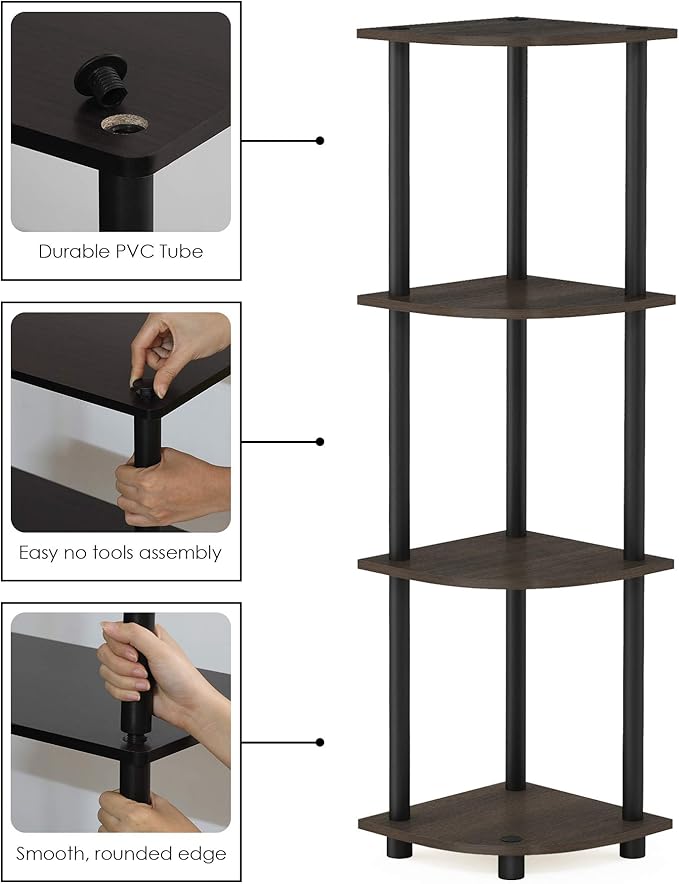 Furinno TURN-N-TUBE Corner Shelf, 4-Tier Corner Bookshelf, Display Storage Shelves with Open Shelves, for Organization and Storage, Living Room, Home Office, Garage, Dark Brown Grain - Image 5