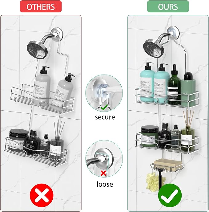 DAOYA Shower Caddy - Organizer with 6 Hooks, Soap Basket & Self-Adhesive Pad, Silver - Image 5