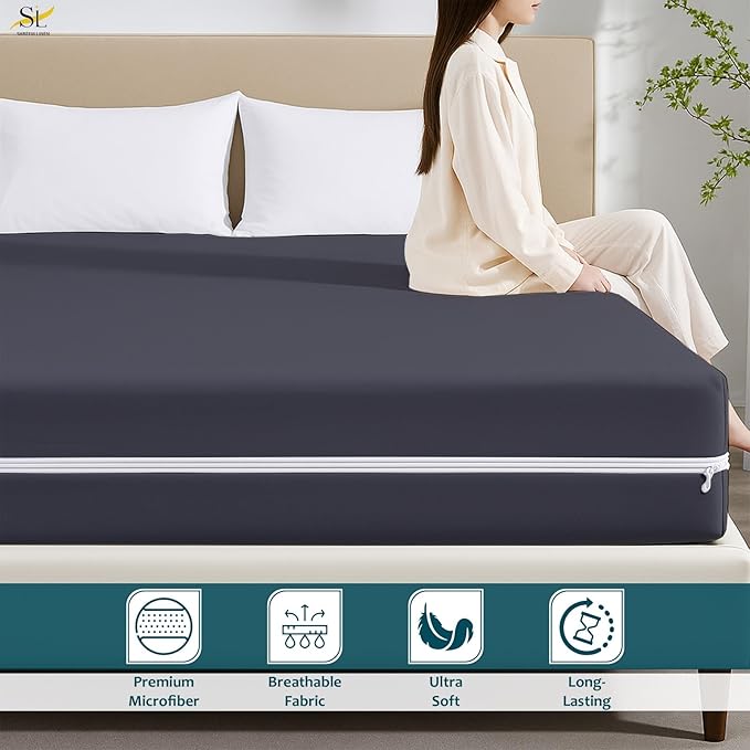 Mattress Protector California King Size 100% Waterproof Zippered Cover, 15 Inches Deep, Six-Sided Mattress Encasement for Bed, Zipper Closure Style (Dark Grey)