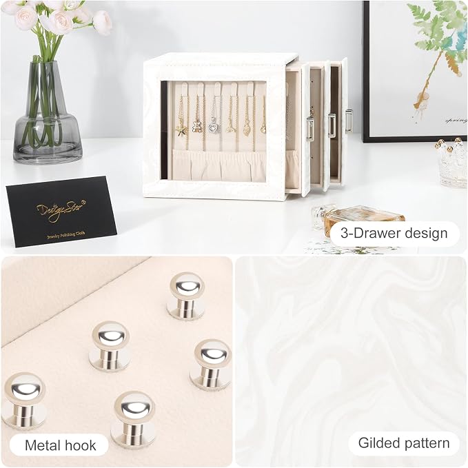 DesignSter Jewelry Box Organizer, Jewelry Box for Women, PU Jewelry Organizer Display Case with Side Drawers, Jewelry Storage for Earring Necklace Ring Bracelet Watch - Image 6