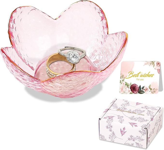 Gifts for Women Pink Flower Ring Dish Glass Jewelry Dish Jewelry Tray Cute Vanity Organizer Room Decor Aesthetic Nightstand Bathroom Decor Trinket Dish Ring Holder Dish Jewellery Tray Valentine's Gift by WELOCMETOBINOSTER