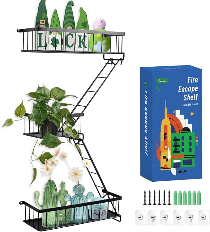 SweetSage Fire Escape Wall Shelf, Modern City Corner Wall Decorative Action Figure Metal Display with Mini Shelf, Black 2.5 Tier by HOME