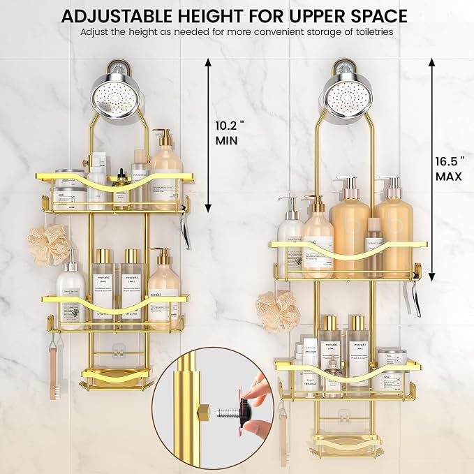 Shower Caddy Hanging Adjustable Shower Caddy, Rustproof Shower Organizer Extended Length Showers Caddy Over Shower Head with Hooks Soap Holder, Large Capacity Anti-Swing Bathroom Organizer, Gold - Image 2