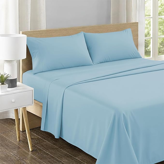 Feather & Stitch 500 TC Full Size 4pc Damask Bed Sheet Set, 100% Soft Cotton Breathable Bedsheets, 18" Deep Pockets Sateen Weave Solid Bedding Mattress Resort Hotel Luxury Decor - (Feather Blue)