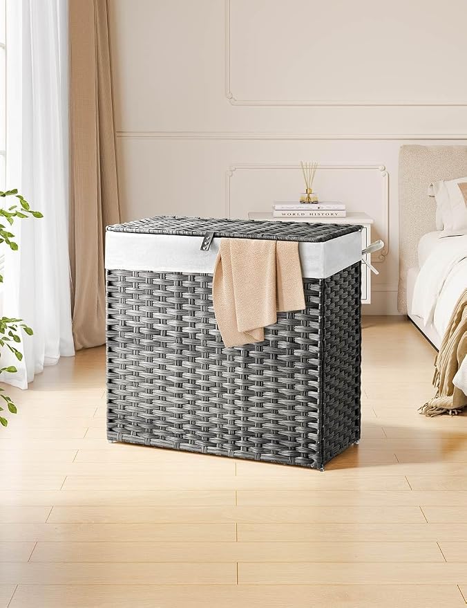 Greenstell Laundry Hamper with Lid, 125L Laundry Basket with 2 Removable Liner Bags & 2 Mesh Bags, Handwoven Synthetic Rattan Clothes Hamper for Clothes, Toys in Bathroom, Bedroom, Foldable, Grey - Image 2
