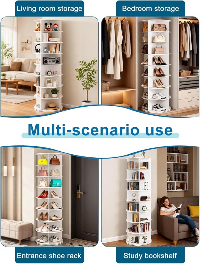 8 Tier Rotating Shoe Rack Tower, Spinning Shoe Organizer Rotating Shelf, Space-Saving 360° Revolving Shoe Rack Storage Round Carousel for Entryway, Closet & Bedroom (Shoe Rack 01) - Image 6