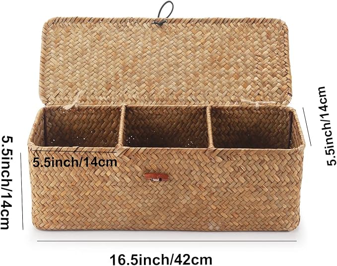 Seagrass Tank Basket with Lid Woven Toilet Roll Storage Basket with Sections Rectangular for Organize Snack Toys Tampon (Large Compartment 16.5inch L x 5.5inch W x 5.5inch H) Natural - Image 4
