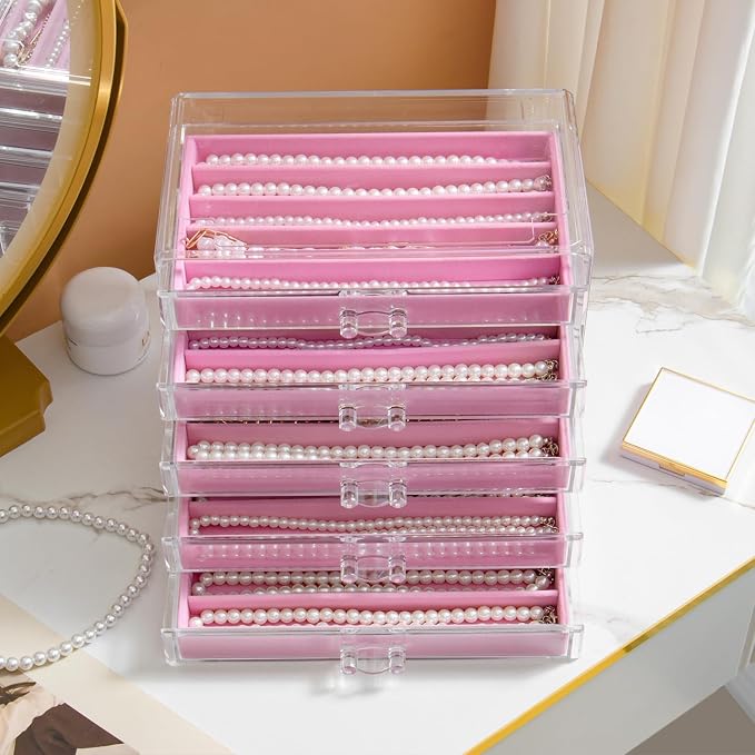 YUFONG Necklace Holder Organizer, Dustproof Necklace Box Velvet Necklace Organizer Box with Lid Clear Acrylic Dustproof Stackable Jewelry Displays for Necklaces Chain Display (Pink, 5 Drawer) - Image 4