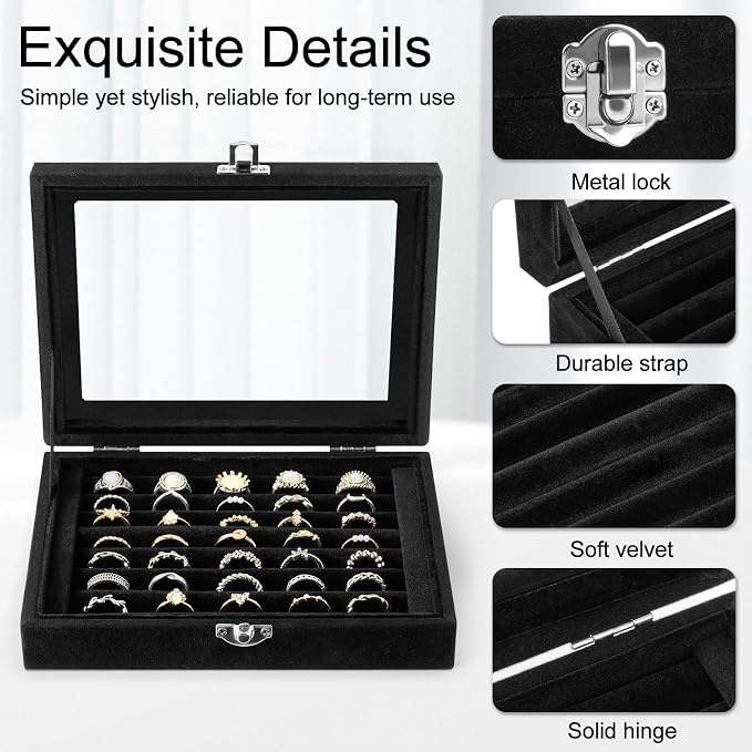 Velvet Ring Organizer Box, 7 Slots Jewelry Holder with Glass Lid Earring Display Tray Storage Case Gift for Women and Girls (Black) - Image 4