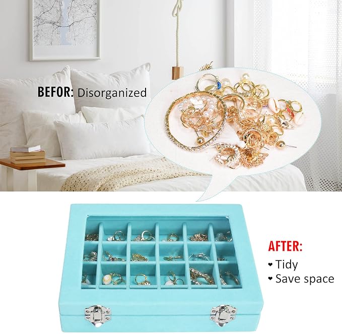 Vicoter Velvet Jewelry Box 24 Grid Jewelry Ring Display Organiser Box Tray Holder Earrings Storage Case for Girls Wife Mom Women (Light Blue) - Image 5