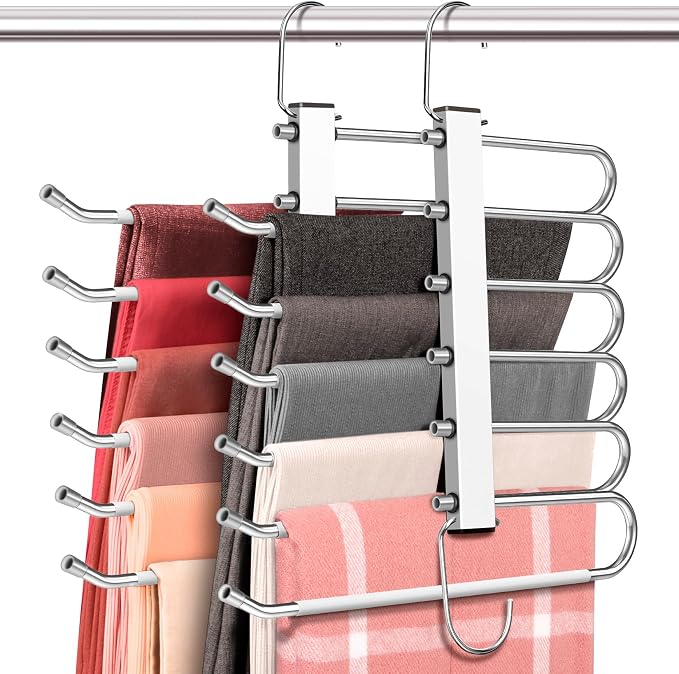 HUITEM Space Saving 6 Tier Pant Hangers, Anti-Slip, Lightweight, Stainless Steel, 2 Pack, White by HUITEM