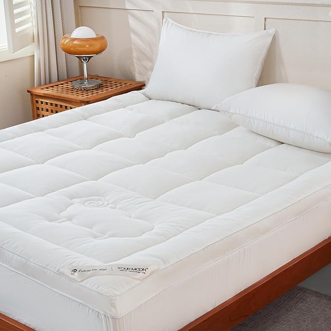 YOUR MOON 100% Organic Wool Mattress Topper Queen Size – Thick Pillow Top Mattress Pad, 800GSM Natural Wool Filling, Back Pain Relief Bed Topper with Cotton Cover-16'' Depth, 60"x80" (Pearl White)
