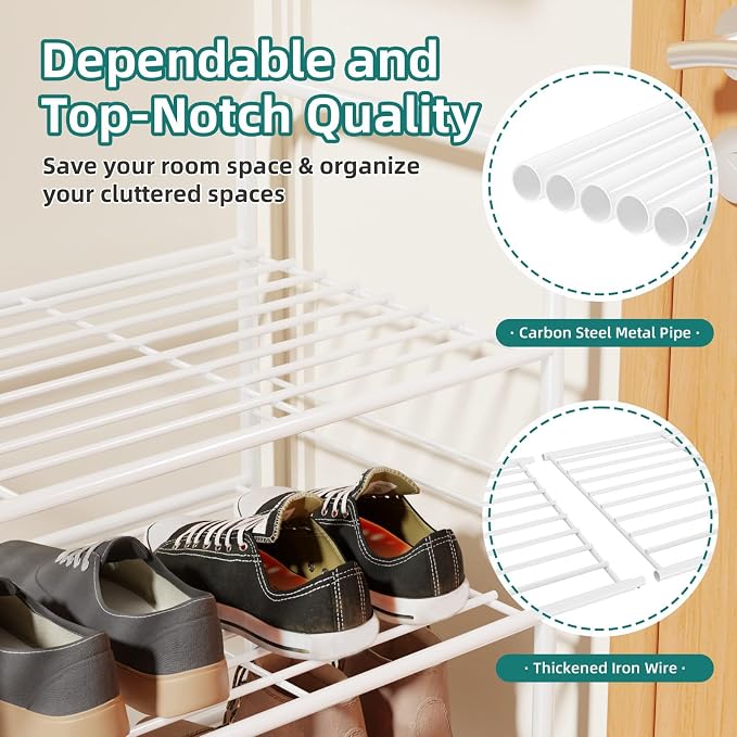 SUFAUY 3 Tier 33" Wide White Metal Shoe Rack for Closet, Stackable - Image 7