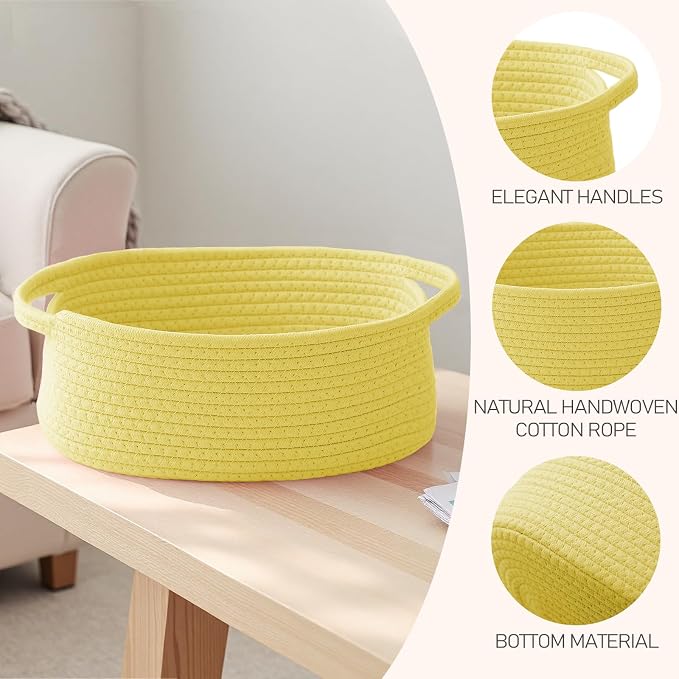 JMvicyroam Woven Basket,Small Rope Storage Bin with Handles & Ribbon Bag, Organizer for Shelves Closets,Gift Basket Empty for Birthday,Books,Dog Toys, Yellow/3 Pack - Image 3