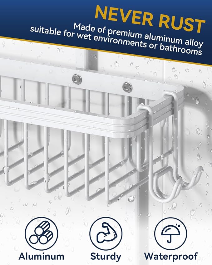 YASONIC Shower Caddy Hanging, Never Rust Shower Organizer Hanging, Aluminum Shower Racks for Inside Shower with Hooks for Razor, Bathroom Organizers and Storage with Soap Holder, White - Image 4